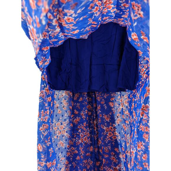 Berthie Paris Maxi Skirt 4 Blue Floral Sheer High Slit Long Lined Bohemian Retro - Picture 5 of 15